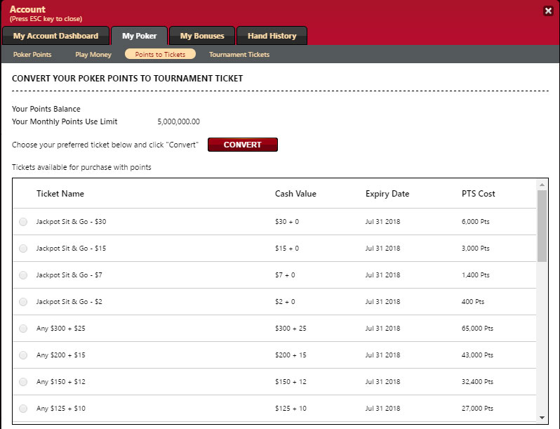 Bovada Poker Points to Tickets