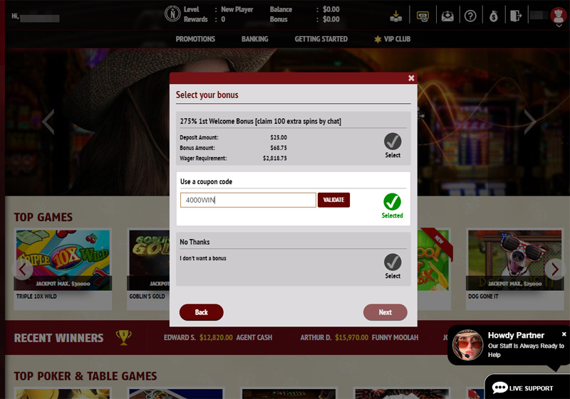 Red Stag enter Deposit Bonus Code during deposit