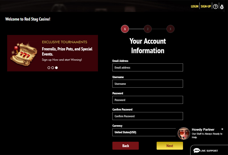 Red Stag Create Account enter account info