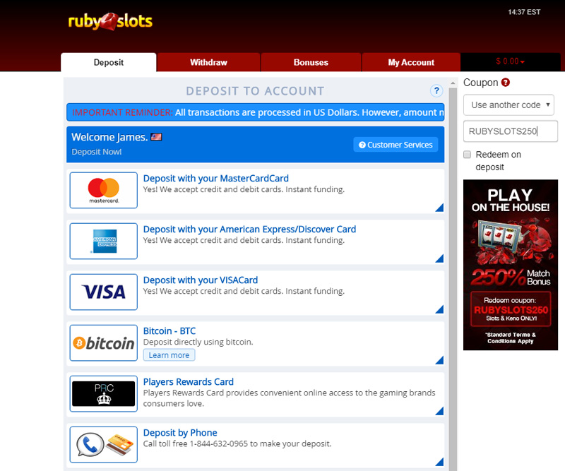 Ruby Slots Redeem RUBY250 promo code during deposit