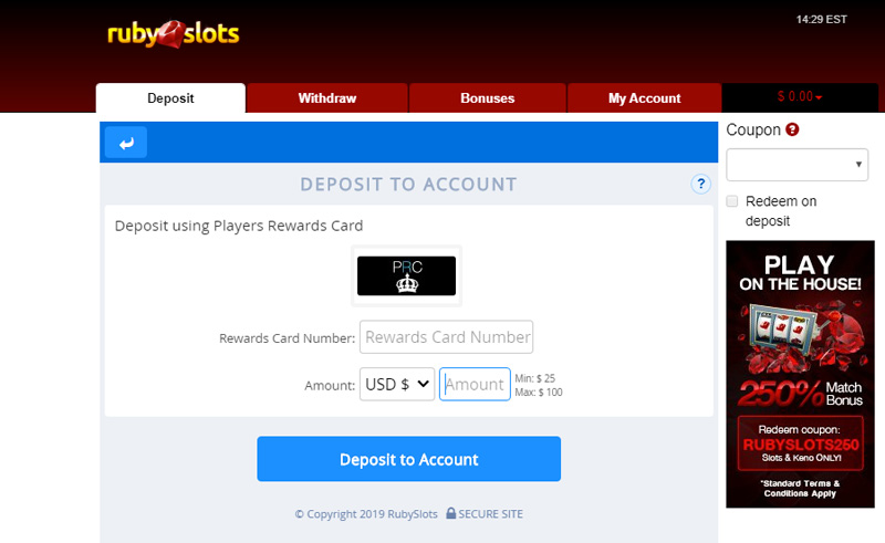 Ruby Slots Deposit using Players Rewards Card