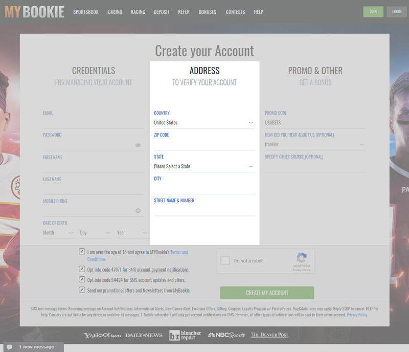 MyBookie Create an Account - Address Info