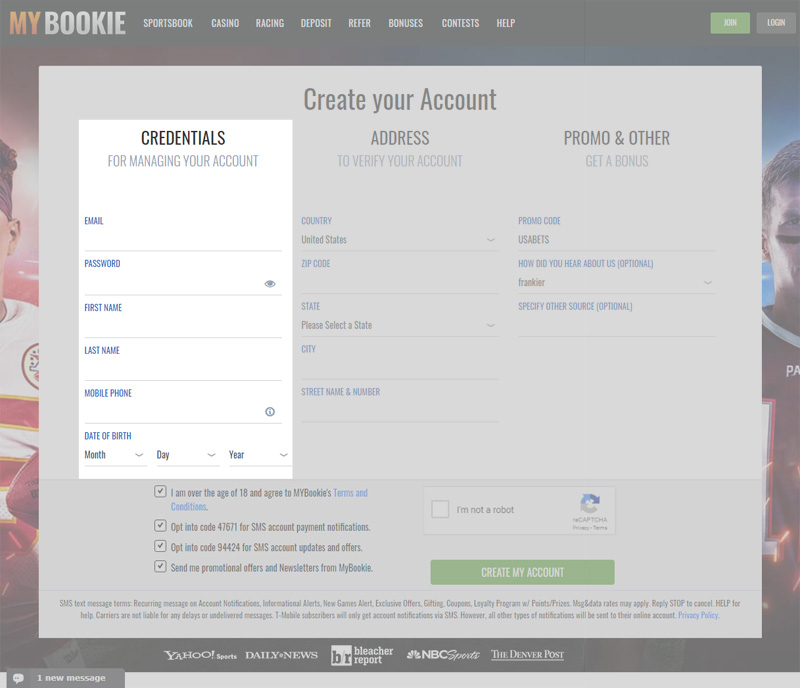 MyBookie Create an Account - Credentials Info