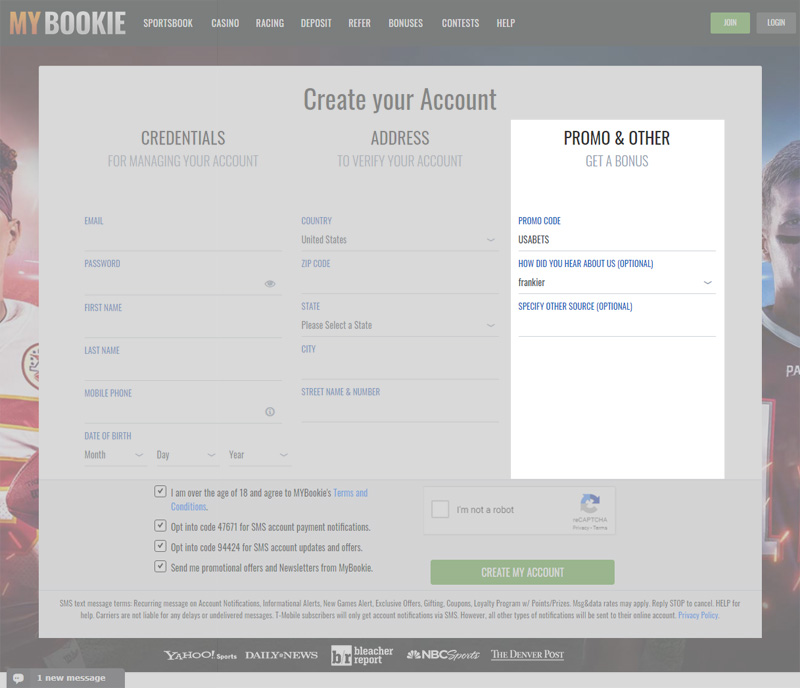 MyBookie Create an Account - Promo Info