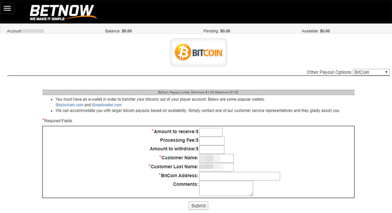 BetNow payout BitCoin information
